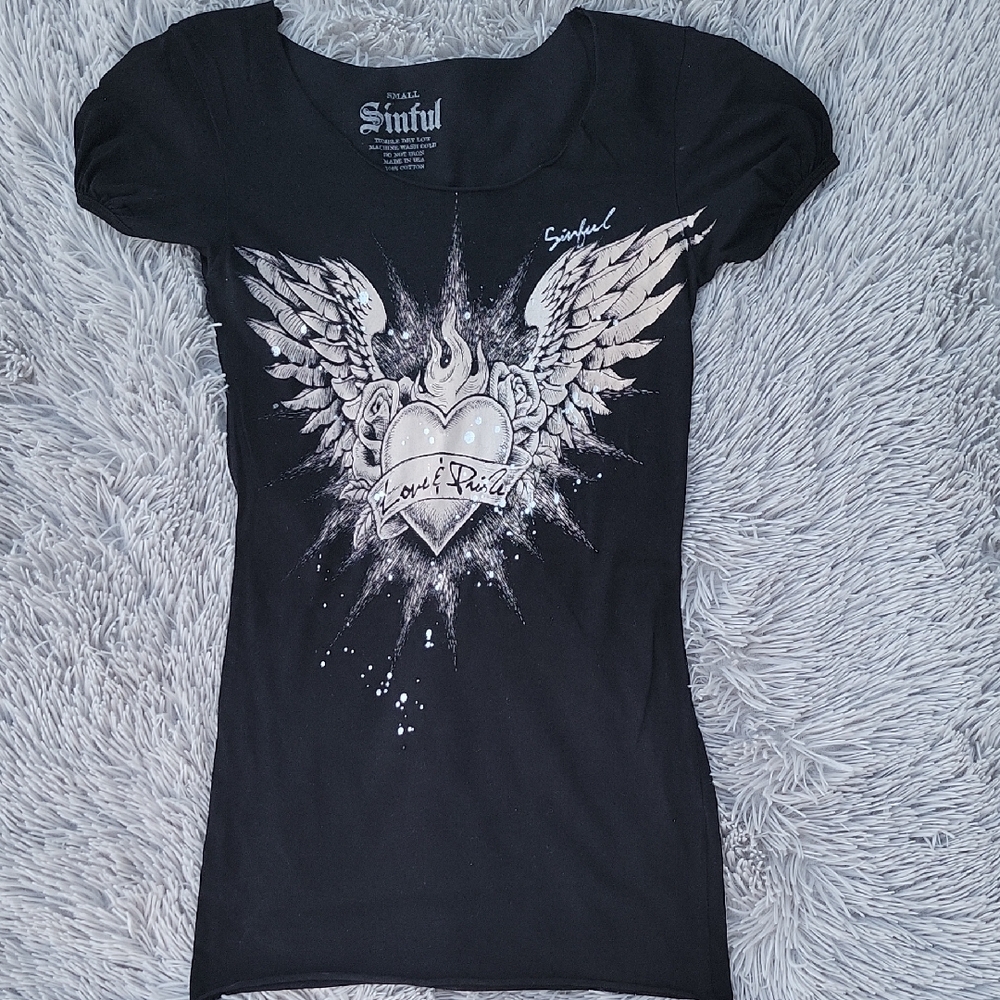 Vintage Sinful Black Graphic Fitted T-Shirt with Cap Sleeves